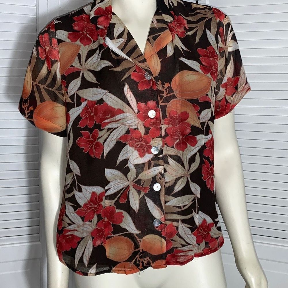 Vintage 90’s‎ Semi Sheer Double Layered Brown Floral Button Down Blouse 14P